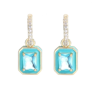 Minimalist square zircon hoop earrings with blue enamel and 18K gold plated finish