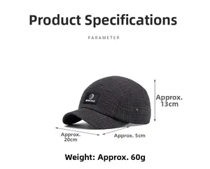 Detail showing dimensions of the grey plaid baseball cap with weight specifications