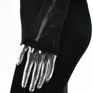 Close-up of black mesh long sleeve detail with transparent texture and fine stitching