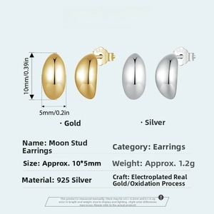 Detailed view of silver moon stud earrings with 10x5mm size and weight specifications