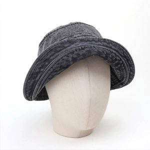 Retro washed denim bucket hat in dark grey with vintage finish and stitched brim for women