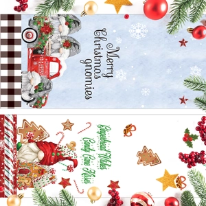 Linen Christmas table runner with gnomes red truck and gingerbread man patterns