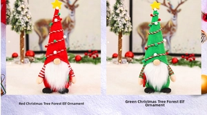 Detail of red and green Christmas gnomes with star hats and white beards for festive decor