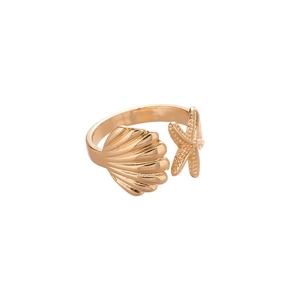 Golden starfish and seashell open ring set featuring textured nautical geometric designs