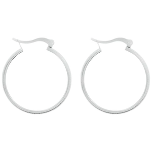 Detailed view of silver stainless steel hoop earrings with polished finish on white back