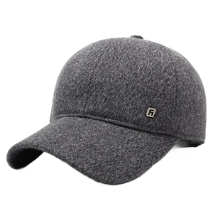 Men's winter baseball cap in dark gray wool fabric with ear protection and warm fleece