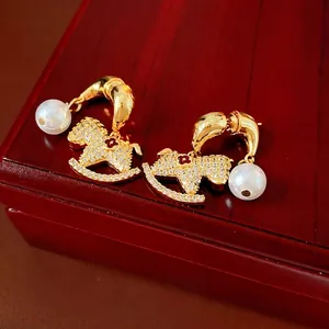 Rocking Horse Earrings With Silver Earring Post Zircon Faux Artificial Pearl Red Flower Gold Plated Vintage Jewelry For Women
