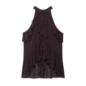 Detail of dark purple tiered ruffle halter top with elegant pleated neck and asymmetric hem