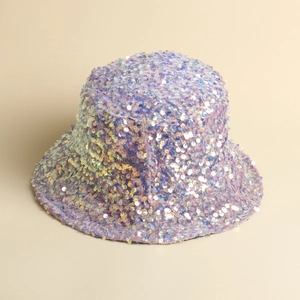 Detailed shot of lavender sequin bucket hat showing iridescent sparkle on soft fabric