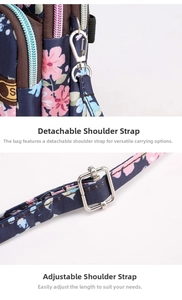Detail of adjustable strap and detachable silver hook on floral nylon shoulder bag