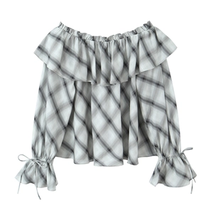 Women's off-shoulder plaid blouse with ruffled neckline and tie-detail bell sleeves