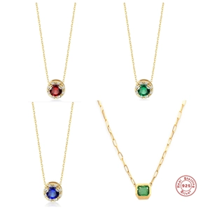 Pendant Necklace 925 Sterling Silver Gold Plated With Colorful Zircon Round Halo Rectangular Stone Clavicle Chain Jewelry For Women
