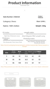 Detailed size chart for yellow long-sleeve cotton dress with waist tie and A-line style