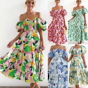 Vestido Maxi Bohemio Estampado para Mujer Hombros Descubiertos Sexy Manga Abullonada Cintura Fruncida Playa Vacaciones Escalonado