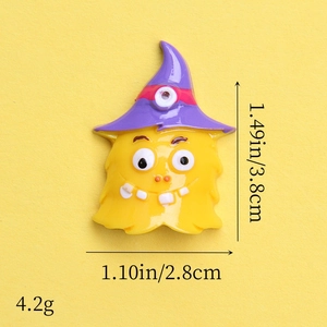 Detailed dimensions of yellow resin monster charm with purple wizard hat for DIY crafts