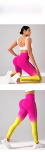Detail of high waisted yoga pants with ombre gradient and side cutout hollow weaving