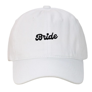 White washed cotton baseball cap with black Bride embroidery and adjustable back strap