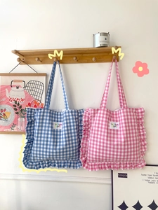 Gingham Canvas Tote Bag Sweet Ruffle Edge Cotton Shoulder Handbag For Women Student Daily Commute
