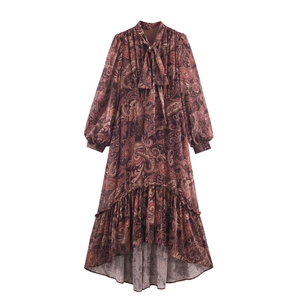 Paisley Print Chiffon Maxi Dress Long Sleeve Tie Neck Irregular Ruffle Hem Bohemian Vacation Style For Women