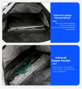 Detail of backpack interior with a 15.6-inch laptop compartment and zippered pocket