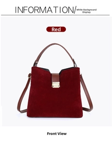 Front view of red suede handbag with brown leather handles and golden metal buckle