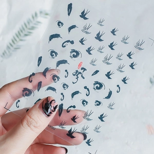 Japanese ink-wash style nail sticker KX062 featuring black swallows on thin adhesive base