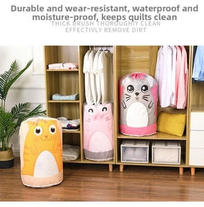 Detail view of large waterproof storage bags with cartoon prints in a wooden closet
