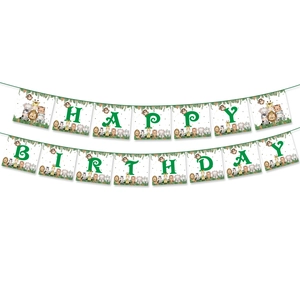 Jungle safari animal birthday banner with green Happy Birthday text on white background