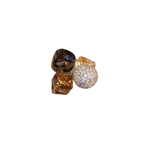 Gold plated open ring with amber and smoky grey crystals and micro-pave zircon ball