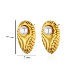 Detailed view of gold shell earrings with dimensions of 25mm height and 15mm width