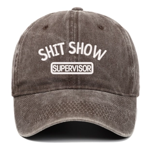 Vintage washed dark brown baseball cap with embroidered Shit Show Supervisor text