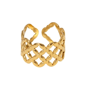 Golden hollow geometric stainless steel open ring with mesh texture on white background