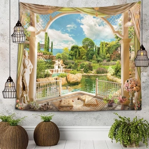 Detail of 3D Mediterranean landscape tapestry with fountain and garden on a textured wall
