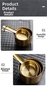 Macro shot of brushed gold stainless steel measuring cups with clear engraved capacity