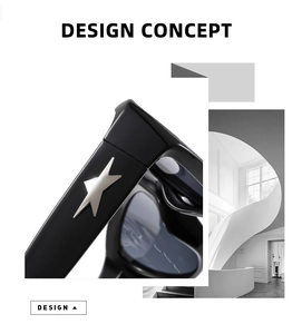 Detailed view of black cat-eye sunglasses temple with a silver star metal decoration