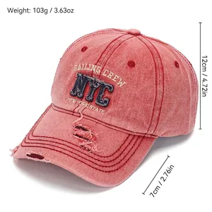 Vintage washed red cotton NYC baseball cap with distressed detailing and dimensions