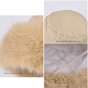 Winter faux fur trim quilted bucket hat in beige with plush ear protection and soft lining
