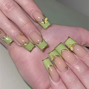 Long Coffin Press On Nails French Green Gold Tips 3D Butterfly Alloy Decor Elegant Manicure Artificial Fake Nails