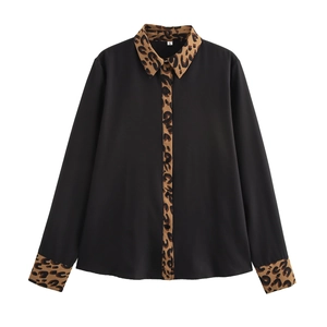 Damen Langarm Bluse Leopardenmuster Patchwork Kontrastfarbe Reverskragen Retro Locker Polyester Hemd