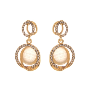 Boucles d'oreilles vintage en or avec pierre œil de chat et pavé de strass étincelants