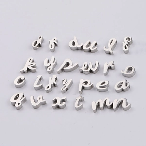Polished silver stainless steel alphabet beads A-Z in script font for jewelry making
