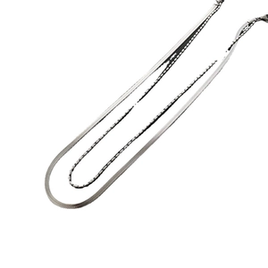 Double-layered silver titanium steel necklace with bead chain and flat herringbone snake bone link