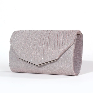 Pink silver glitter evening clutch bag with V-shaped flap and pleated texture
