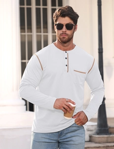 Detail of white Henley shirt with contrast stitching, chest pocket and buttoned neckline