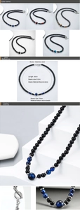 Macro view of natural tiger eye stone beads and stainless steel OT clasp for men's necklace