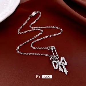Copper Zircon Bowknot Safety Pin Pendant Necklace Sparkly Inlaid Fashion Elegant Luxury Neck Jewelry For Women