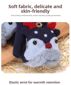 Detailed view of winter knitted reindeer gloves featuring soft plush lining and cute decor