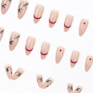 Chinese style almond press-on nails with bamboo leaf design and elegant red accents