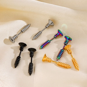 Screw-shaped stainless steel stud earrings in silver, gold, black, and rainbow colors