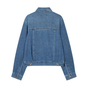 Back view of classic dark blue wash denim jacket with turn-down collar and metal buckles